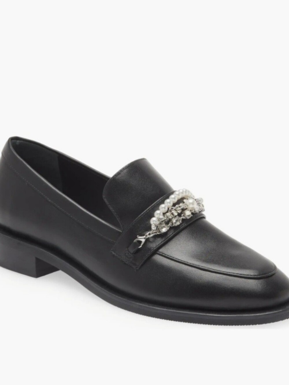 Stuart Weitzman Black Leather Loafers with Pearl & Chain Trim